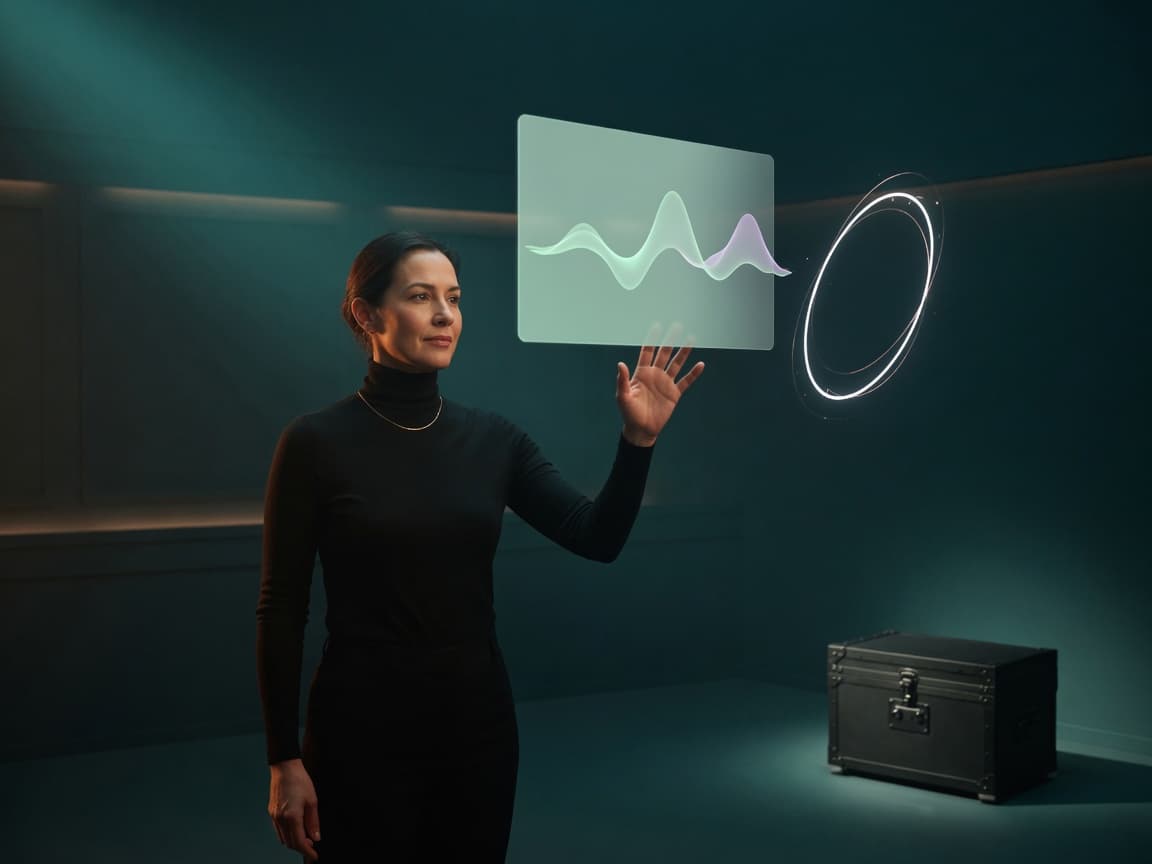 A woman orchestrates a holographic panel and a light ring; a closed vault chest stays discreet in the background.